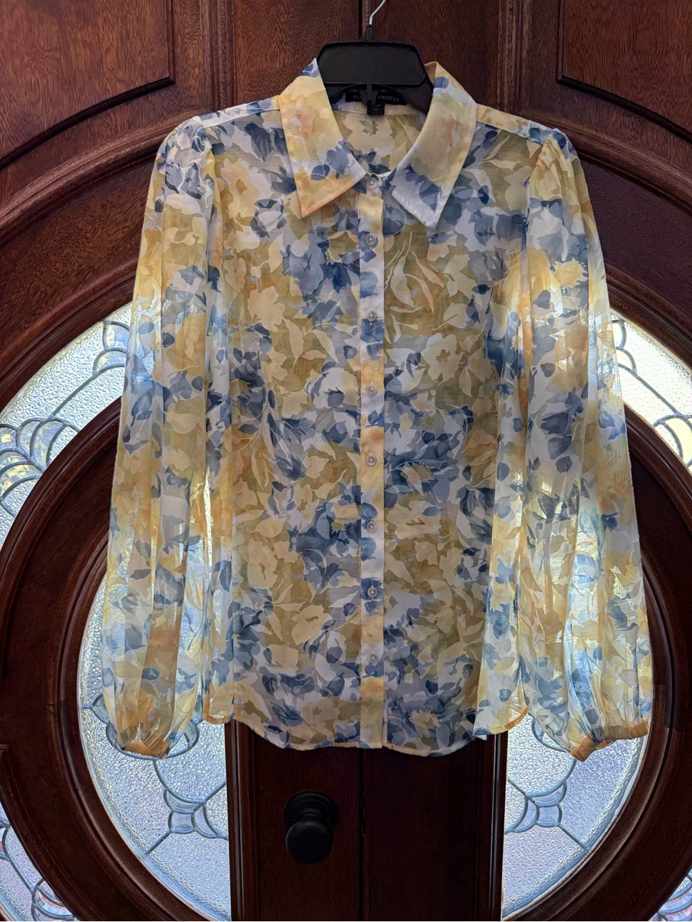 Boston Proper Sheer Floral Button-Front Blouse in Yellow and Blue